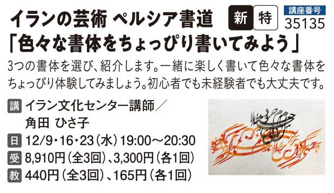 イラン芸術　ペルシア書道「色々な書体をちょっぴり書いてみよう」