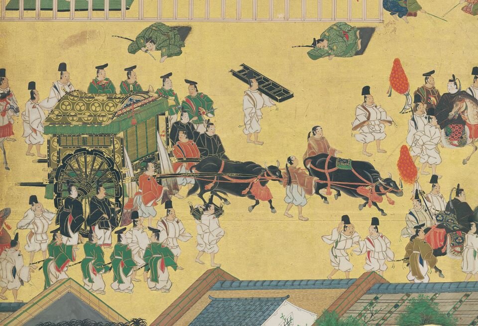 s【６】「二条城行幸図屏風」部分江戸時代（京都市指定文化財泉屋博古館蔵） 二条城行幸図屏風　中宮牛車.jpg