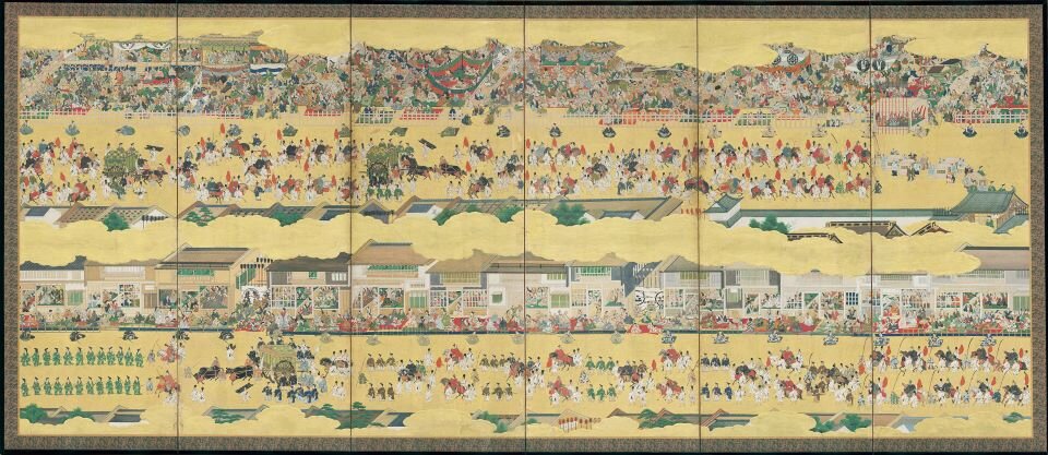 s【１】「二条城行幸図屏風」右隻 江戸時代（京都市指定文化財泉屋博古館蔵）.jpg