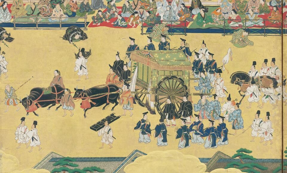 s【５】「二条城行幸図屏風」部分江戸時代（京都市指定文化財泉屋博古館蔵） 二条城行幸図屏風　将軍牛車.jpg